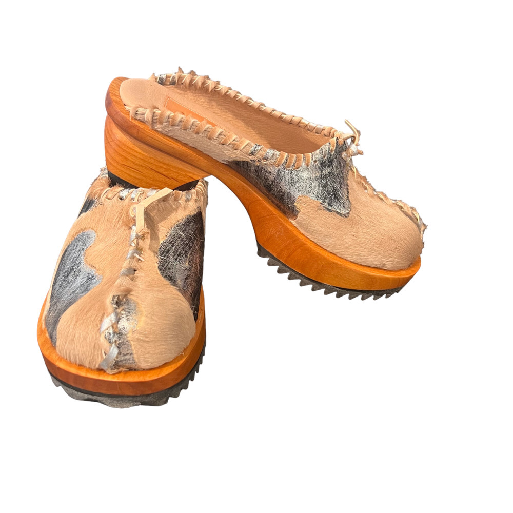 Jim Barnier Wooden Heel Clog Platform Sandals Mustang Silver Leather Size 6 New